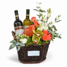Flower Basket with Wine Duo