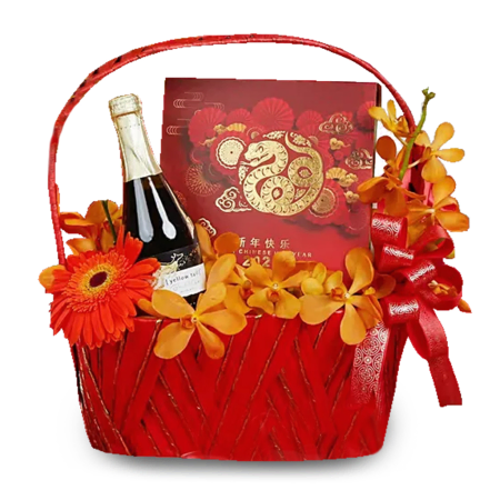 Cesta con flores doradas y burbujas