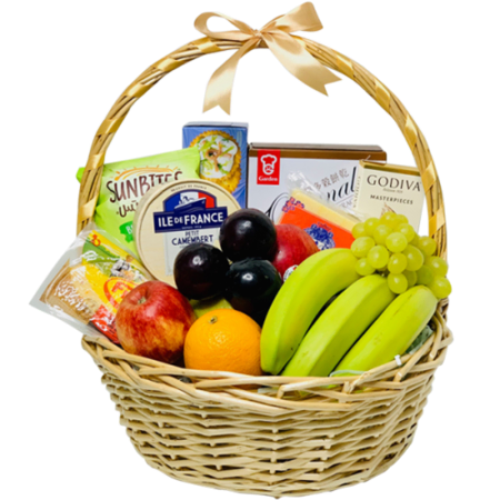 Cesta de delicias de frutas y quesos gourmet